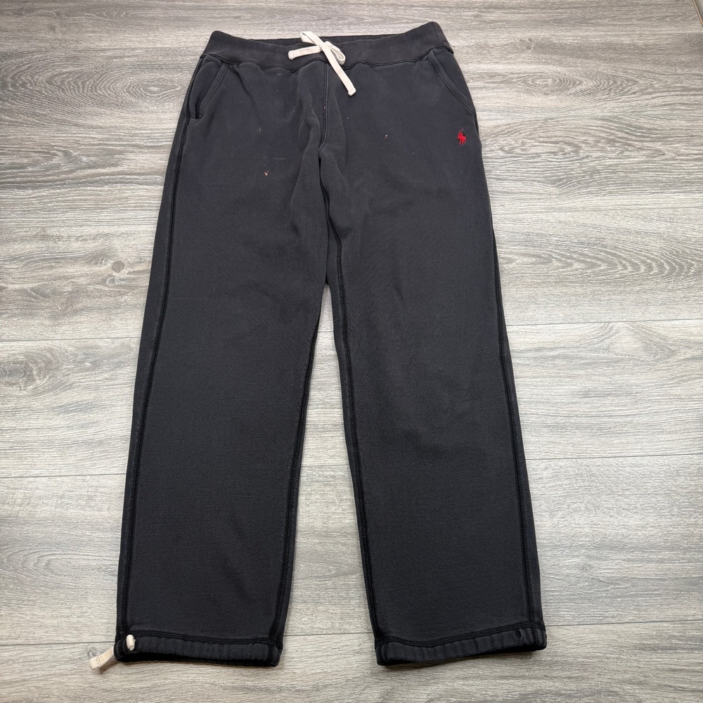 Polo Ralph Lauren Sweatpants Mens Medium Black Fleece Bleached Tapered Red Pony*